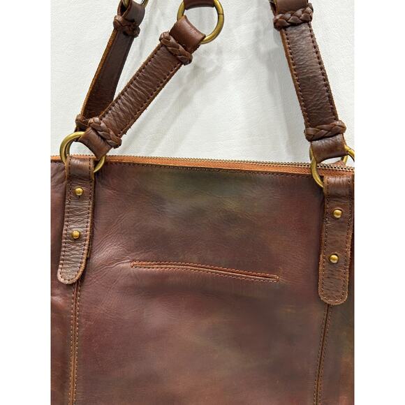 The Sak Brown Leather Boho Braided Strap Zip Pocket Tote Shoulder Crossbody Bag - Picture 4 of 16
